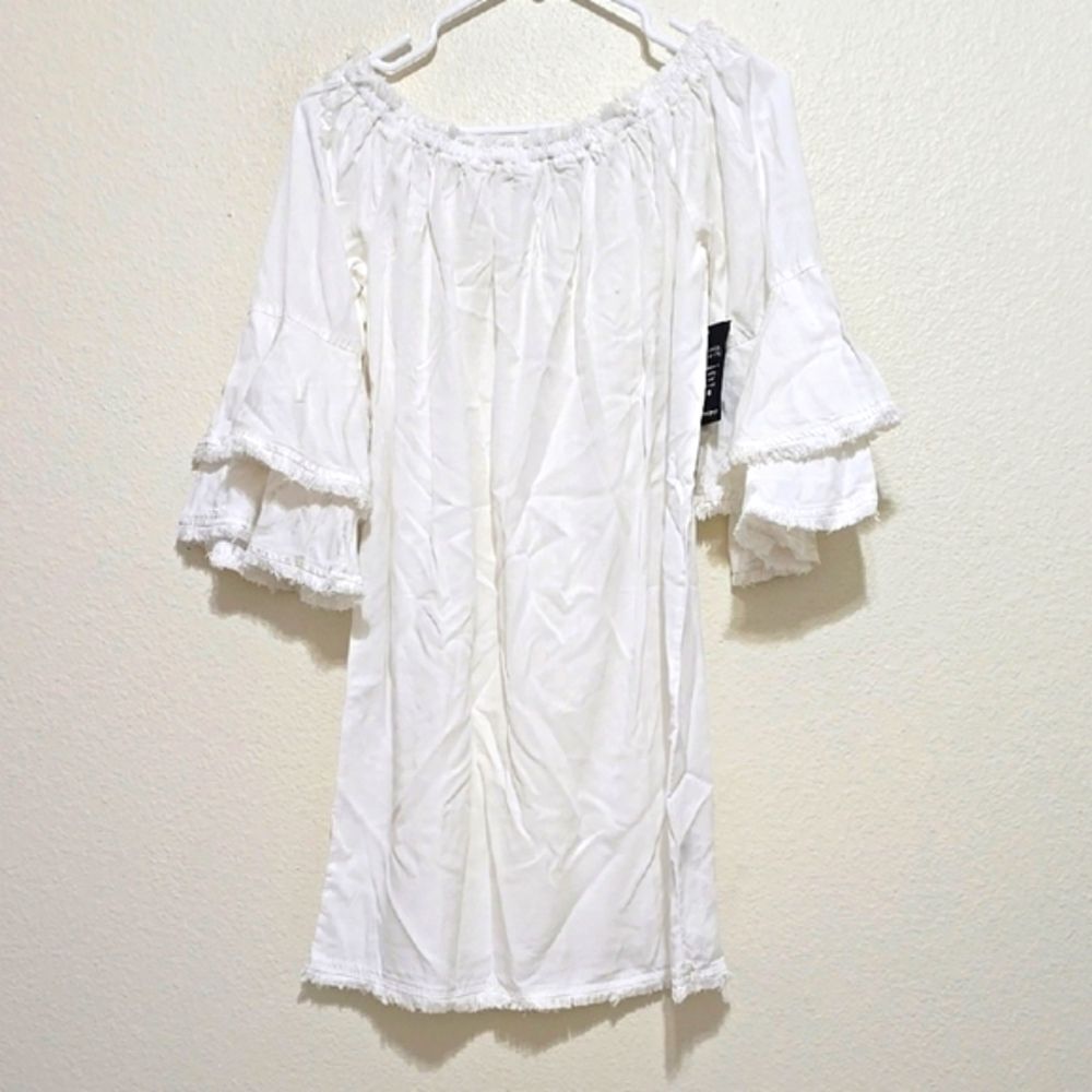 BOSTON PROPER White Off-Shoulder Dress with Ruffle Sleeves XS